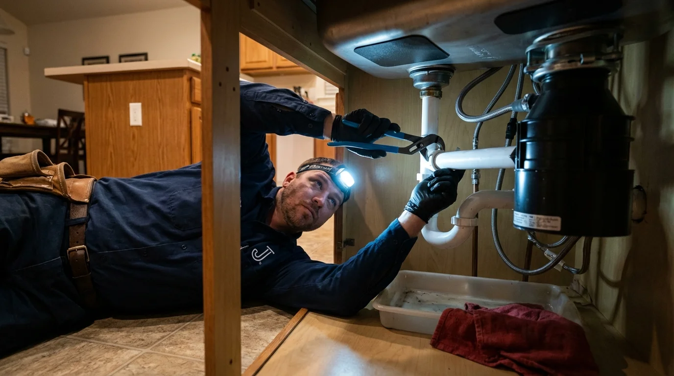 P-trap and supply line connections under a kitchen sink showing a common leak point in Chapel Hill, NC